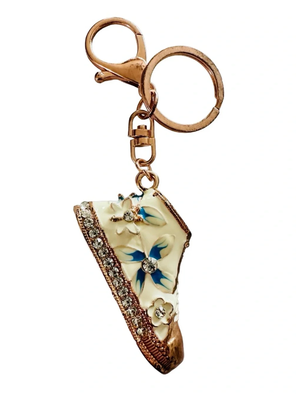 Gold-tone White Enameled Jeweled Shoe Keychain Ring Handbag Charm 5” Luxury